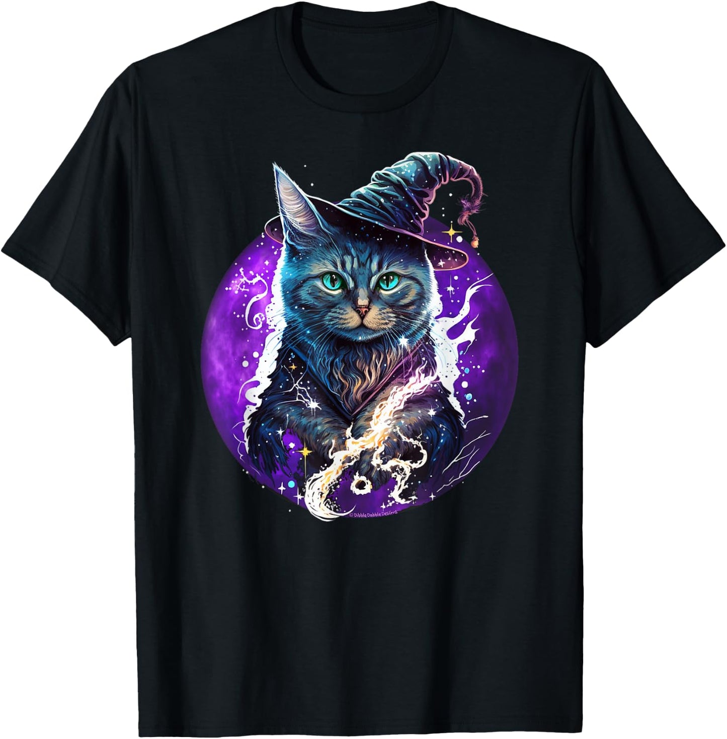 Beautiful Wiccan Cat with a Witch Hat Purple Moon Witchy Cat T-Shirt - T-Shirt | Black