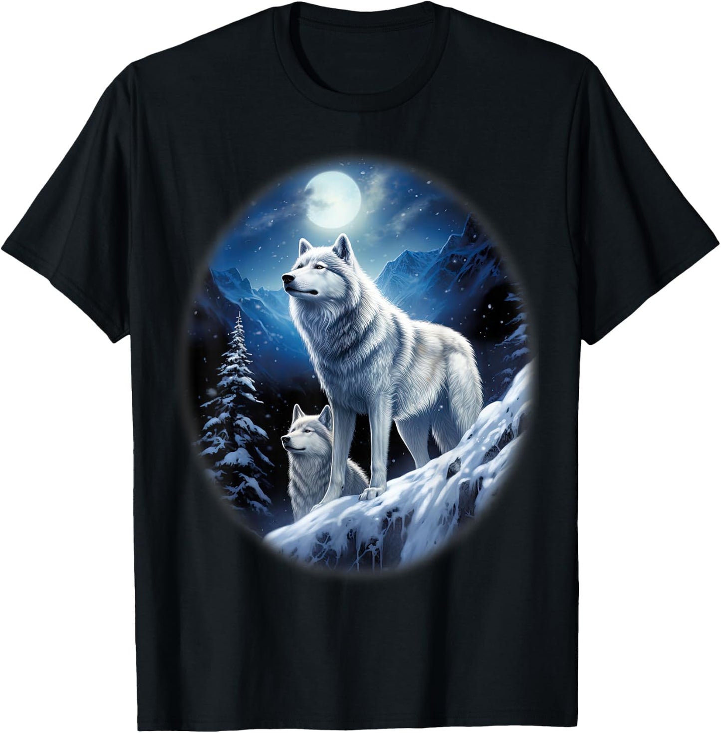 Wolves on an icy hill in the mountains with shiny moon T-Shirt - T-Shirt | Black