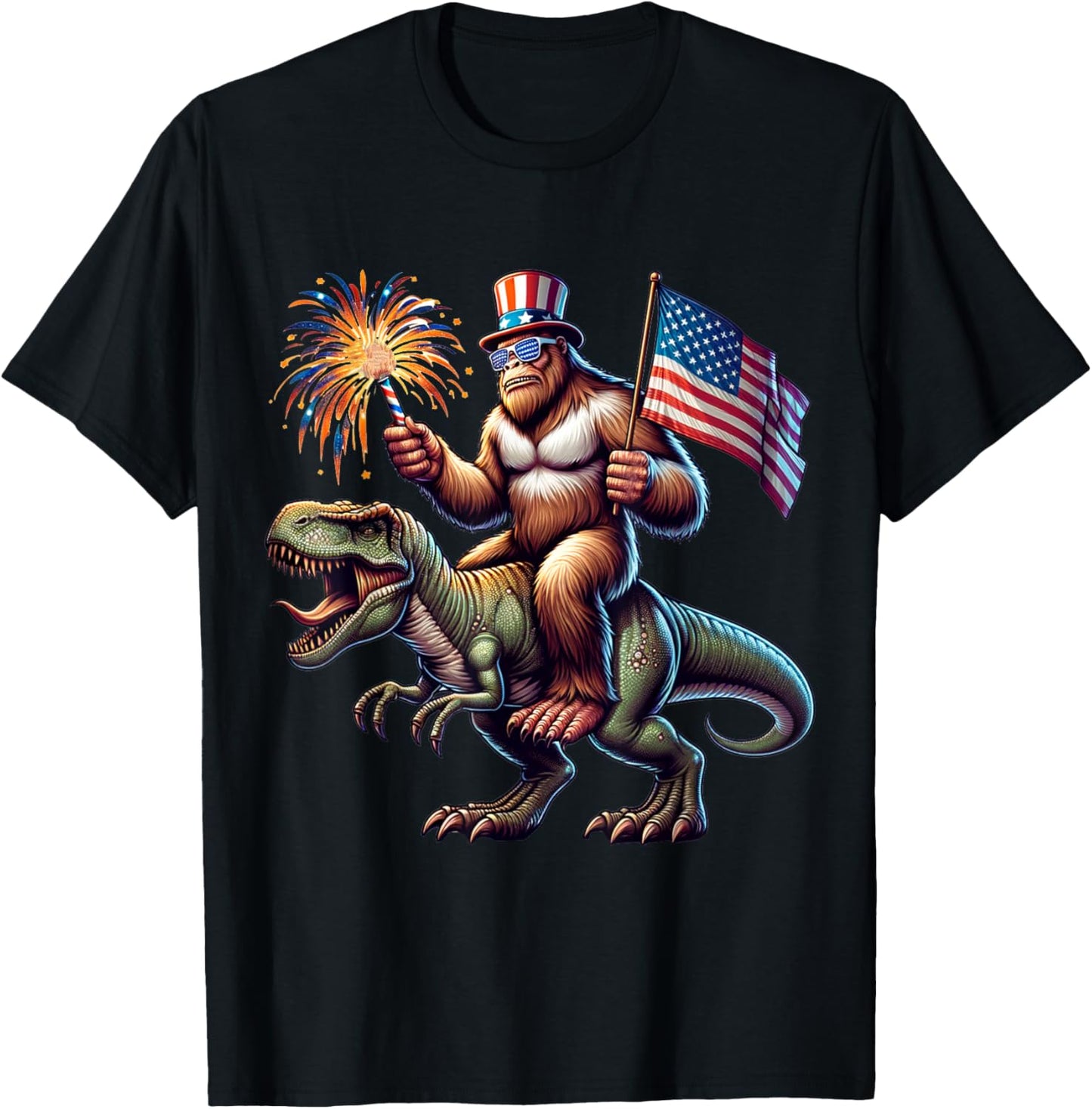 Bigfoot Sasquatch Riding Dinosaur T rex. Funny 4th of July T-Shirt - T-Shirt | Black