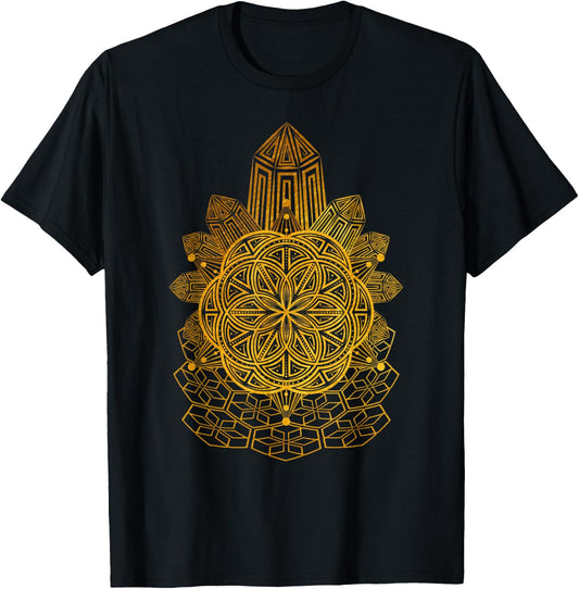 Geometric Tribal Seed Of Life Sacred Geometry Mandala Art T-Shirt - T-Shirt | Black