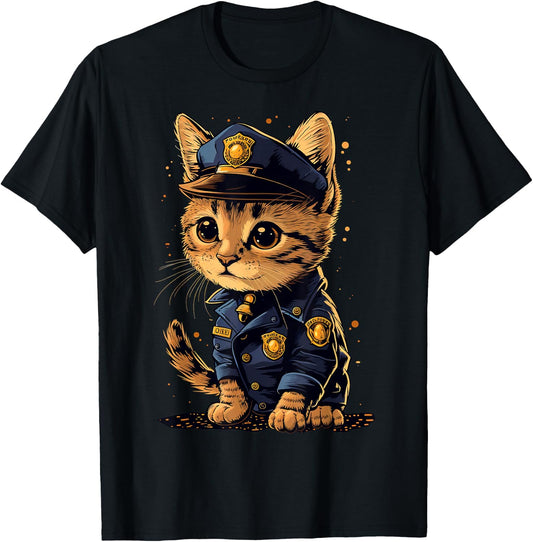 Cute working Cat Police Officer Men Women T-Shirt - T-Shirt | Black