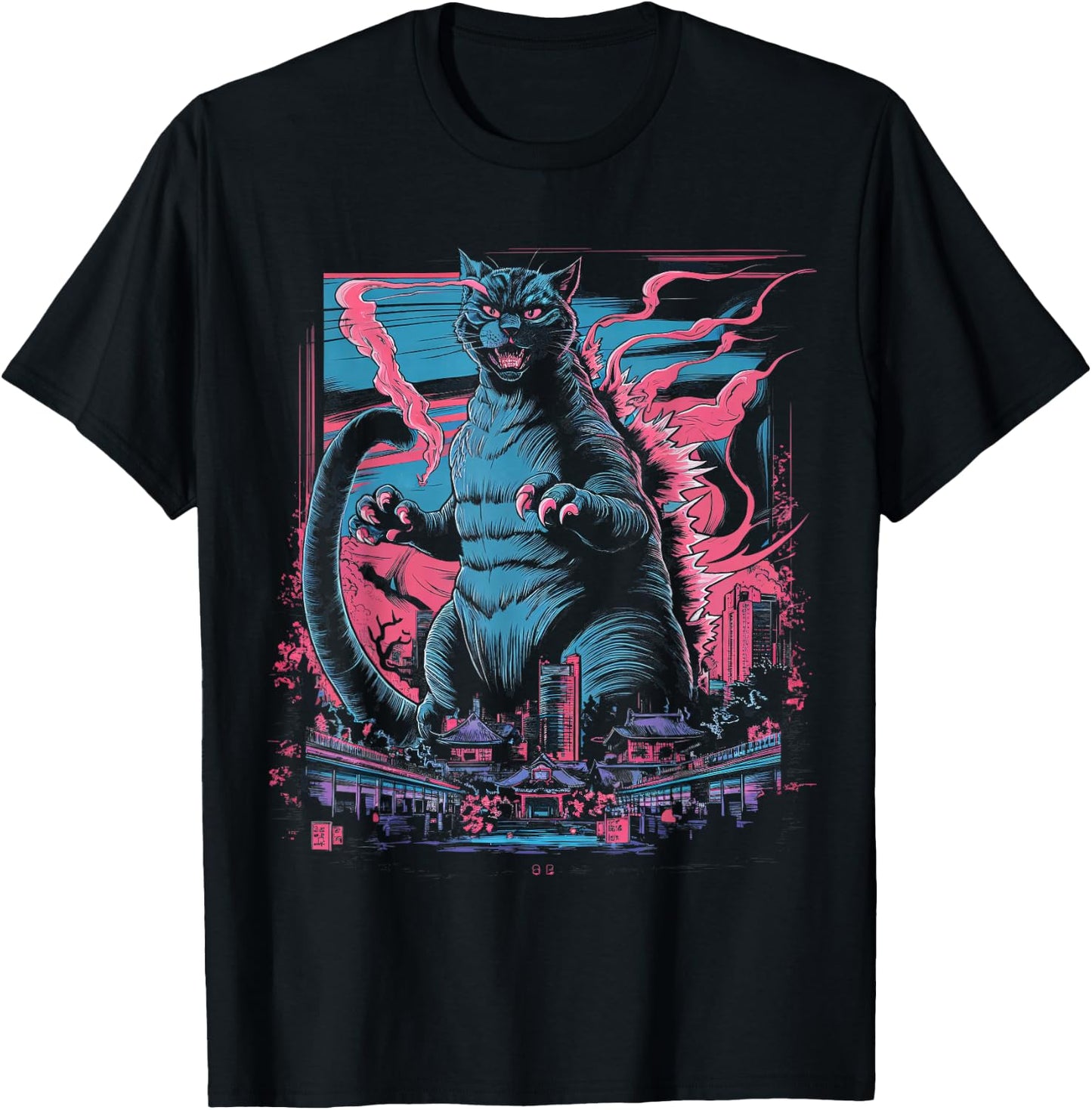 Catzilla Cat Japanese Art Funny Cat Women Kid T-Shirt - T-Shirt | Black
