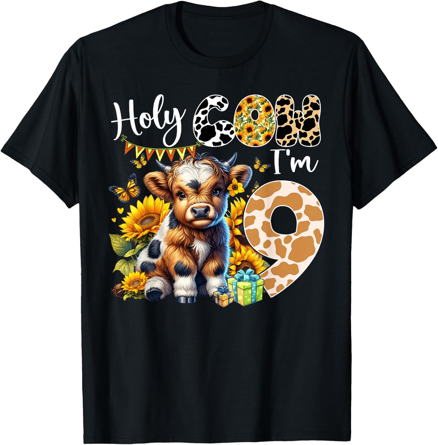 Holy Cow I’m 9 Years Old Dairy Cow Sunflowers 9th Birthday T-Shirt - T-Shirt | Black
