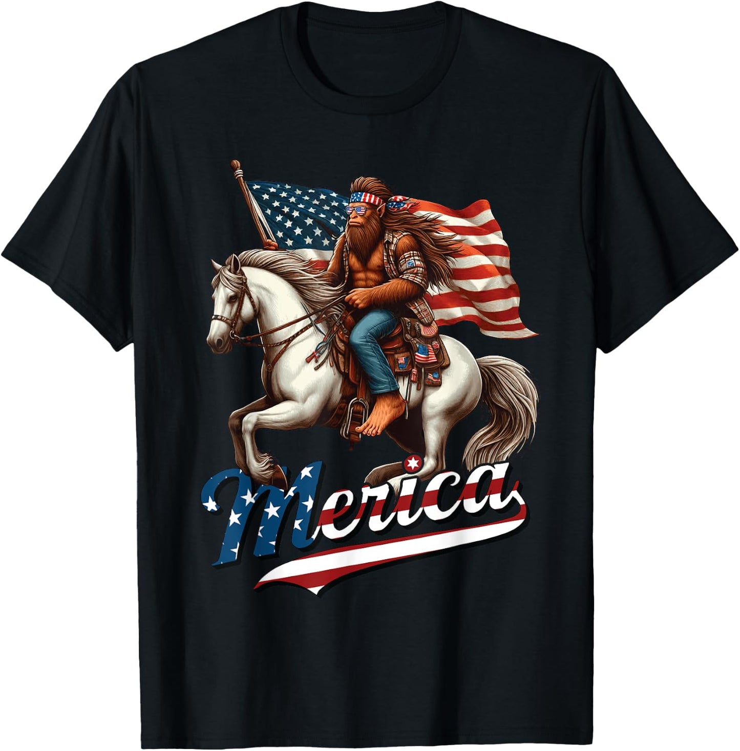 Funny Bigfoot Merica USA Mullet Bandana Horse Riding T-Shirt - T-Shirt | Black