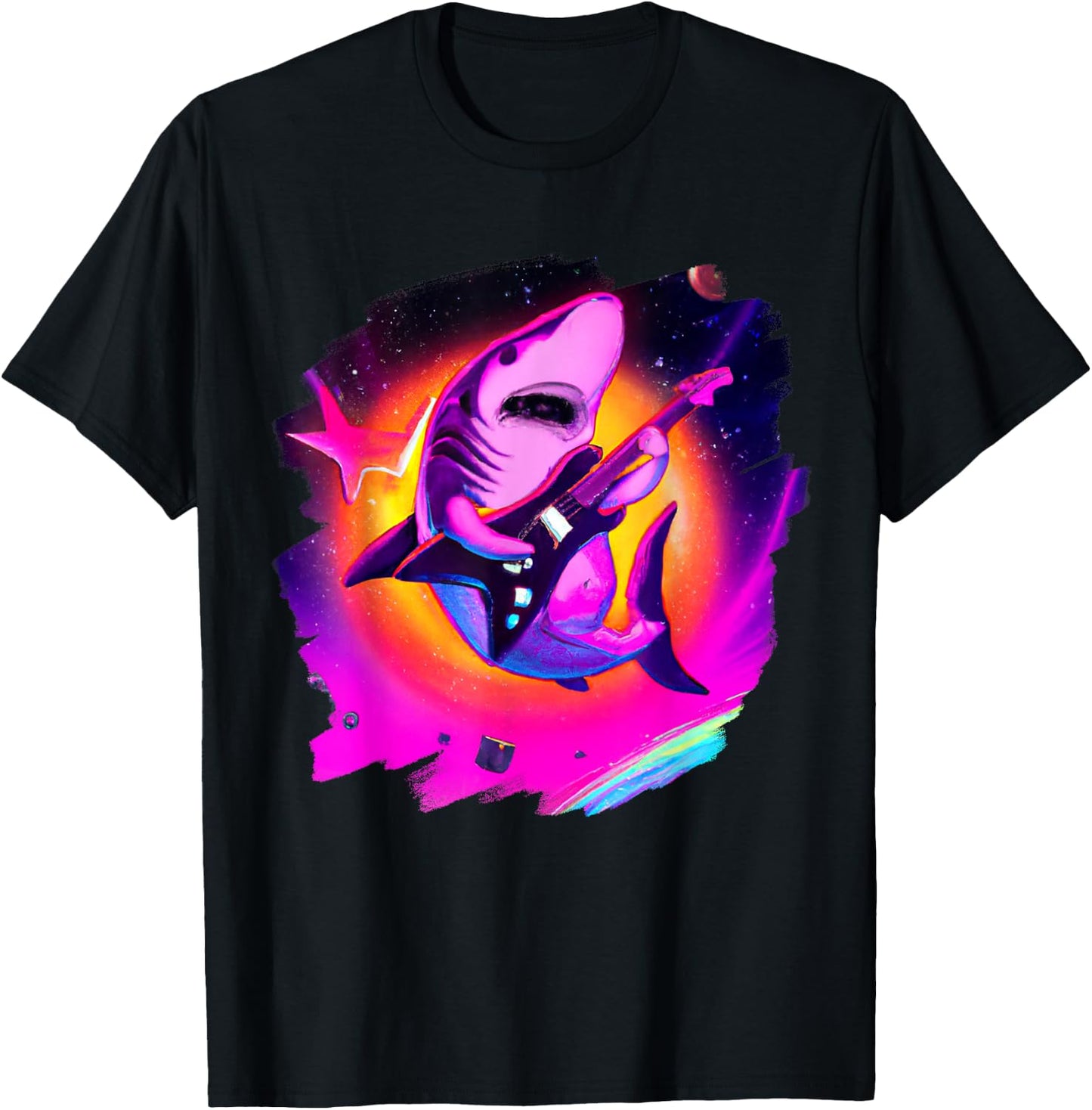 Shark Playing Guitar in Space Outer Space Sharks T-Shirt - T-Shirt | Black