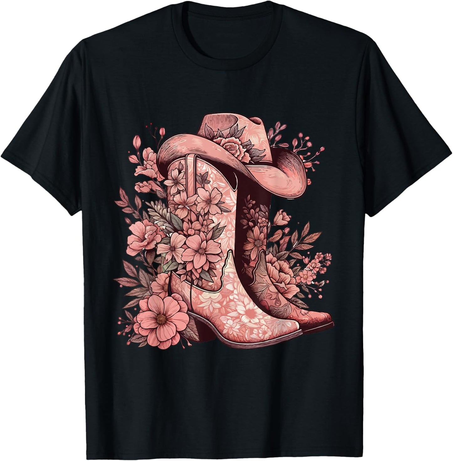 Boho Watercolor Cowgirl Boots Hat Floral Boots Western Boots T-Shirt - T-Shirt | Black