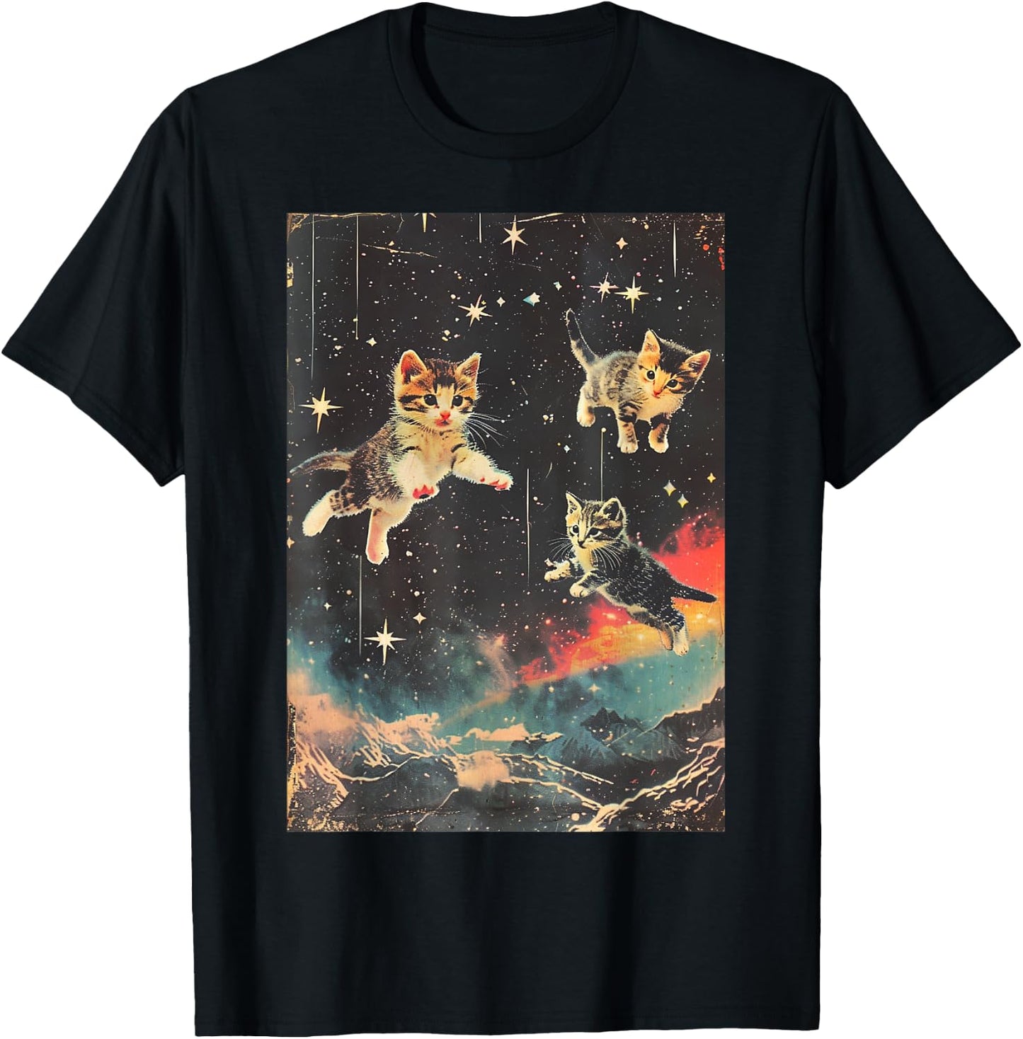 Funny Kittens Cat in Space Cute Vintage Art Retro T-Shirt - T-Shirt | Black