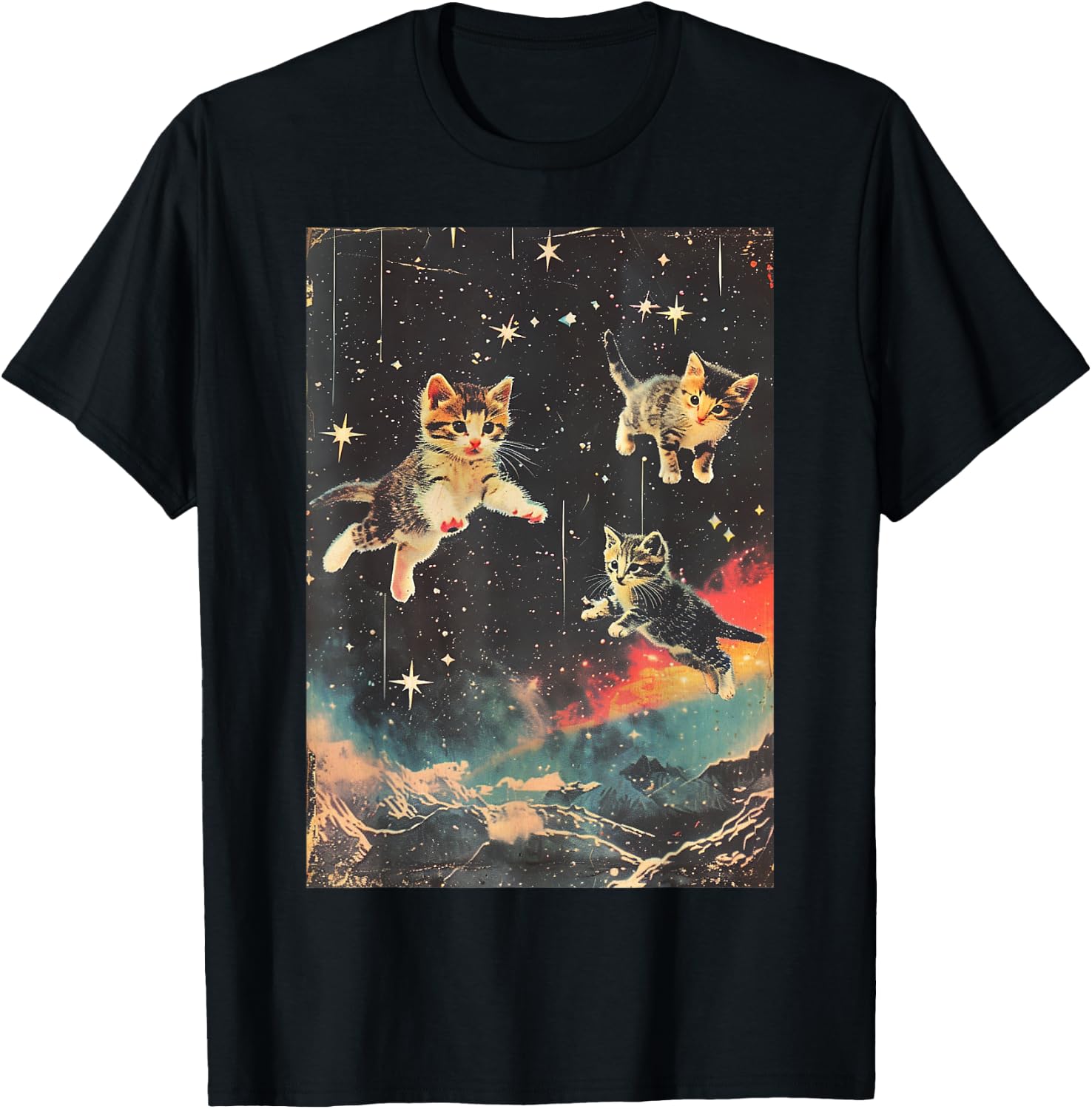 Funny Kittens Cat in Space Cute Vintage Art Retro T-Shirt - T-Shirt | Black