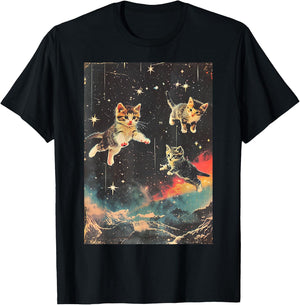 Funny Kittens Cat in Space Cute Vintage Art Retro T-Shirt - T-Shirt | Black