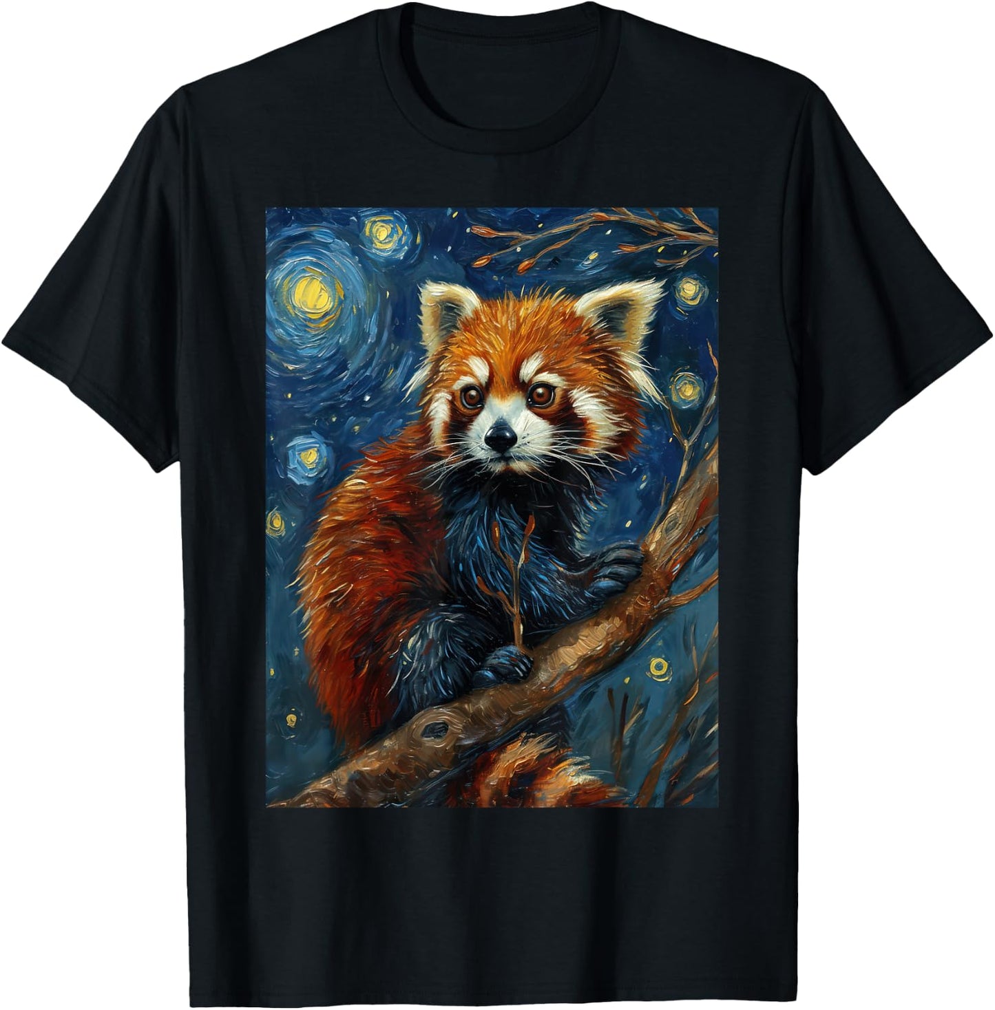 Red Panda Starry Night Van Gogh Style Graphic T-Shirt - T-Shirt | Black