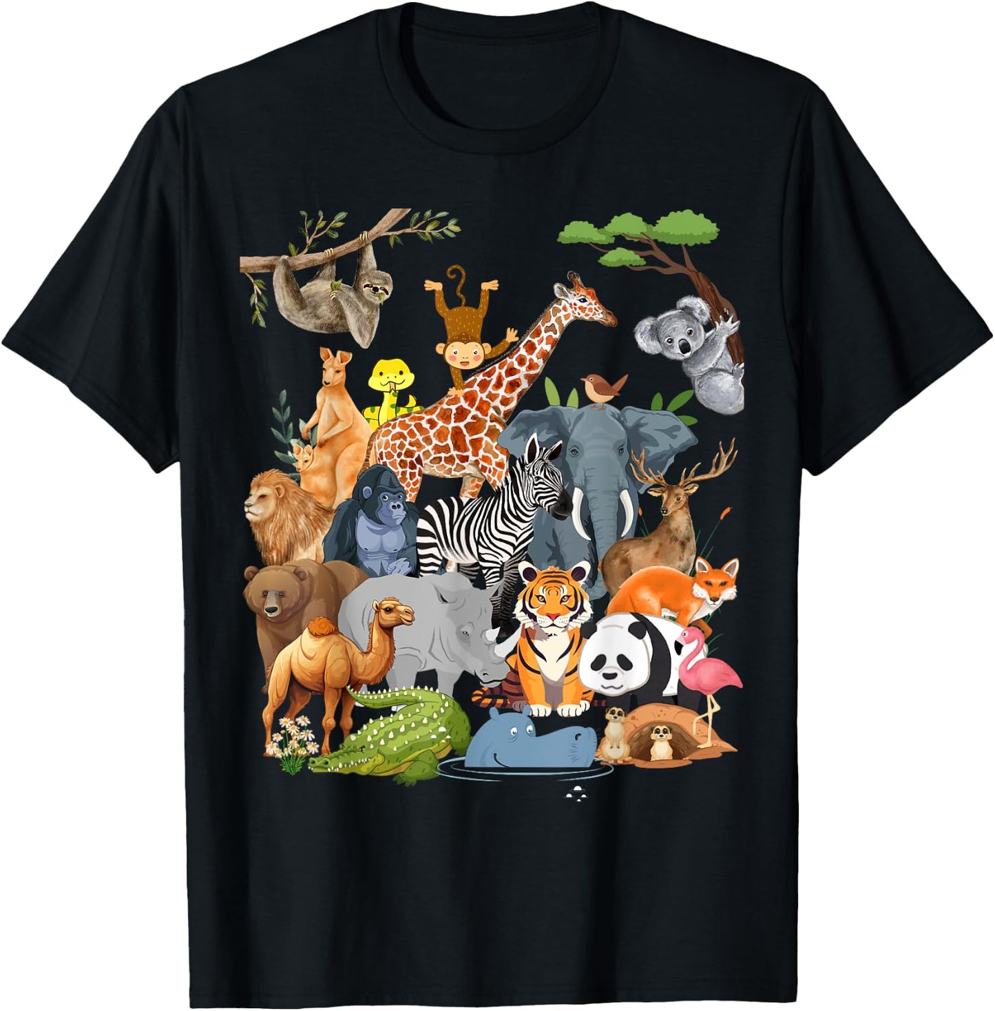Men Women and Kids Wildlife Zoo Day Party Cute 22 Animals T-Shirt - T-Shirt | Black