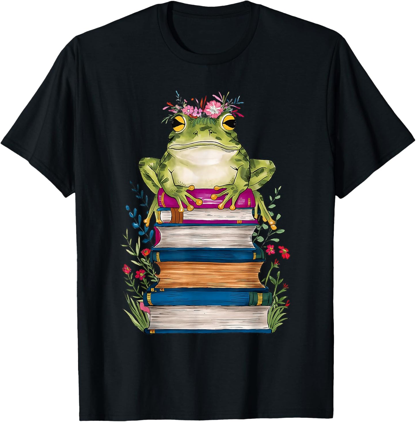 Cute Frog With Book Floral Bookworm Librarian Book Lover T-Shirt - T-Shirt | Black
