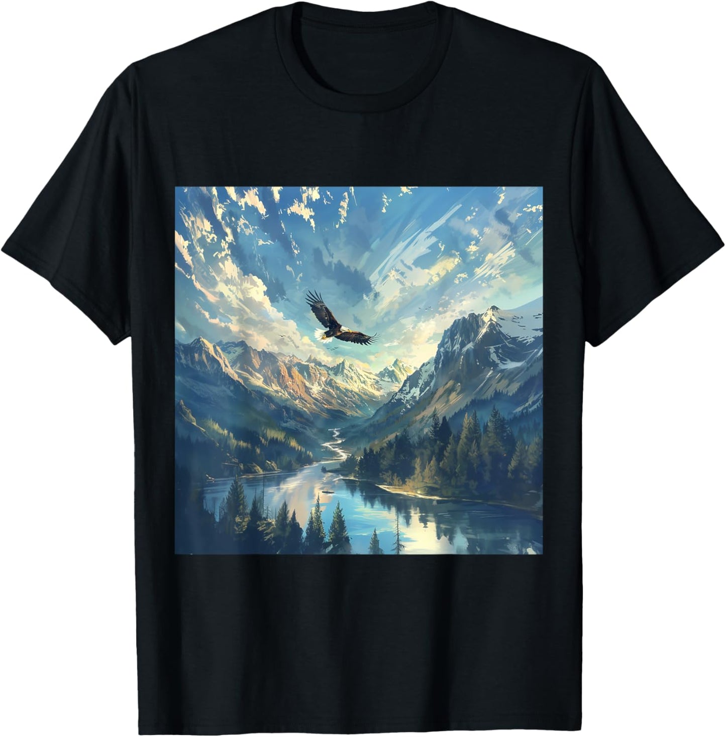 Gnosis Picture Archive Adult Impressionist Wild Bald Eagle Flying over River Valley - Black - Small - Short Sleeve T-Shirt - T-Shirt | Black