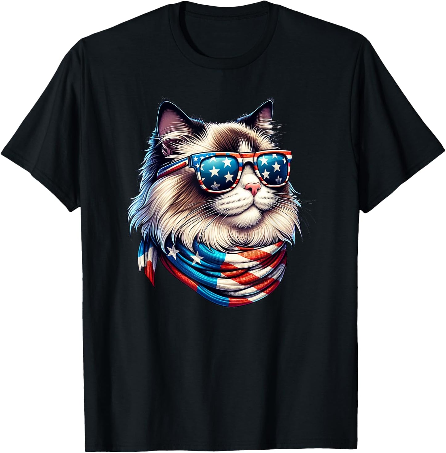 Ragdoll Cat USA Flag Sunglasses Patriotic Cat 4th of July Women Men T-Shirt - T-Shirt | Black