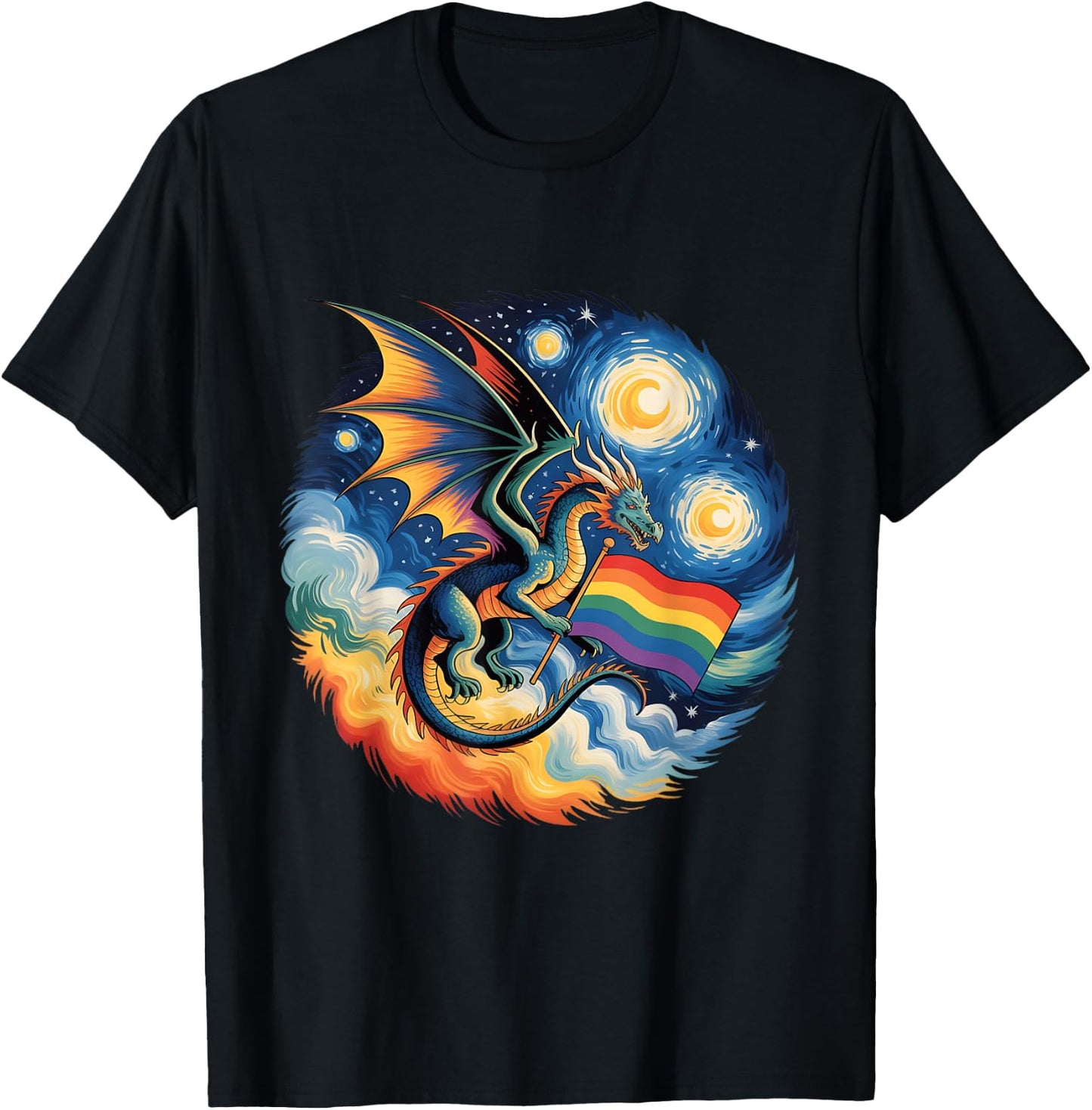 Van Gogh Starry Night Lgbtq Gay Pride Support Dragon T-Shirt - T-Shirt | Black