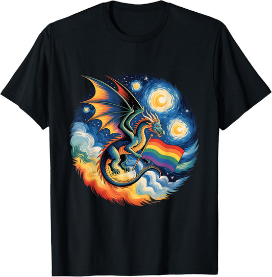 Van Gogh Starry Night Lgbtq Gay Pride Support Dragon T-Shirt - T-Shirt | Black
