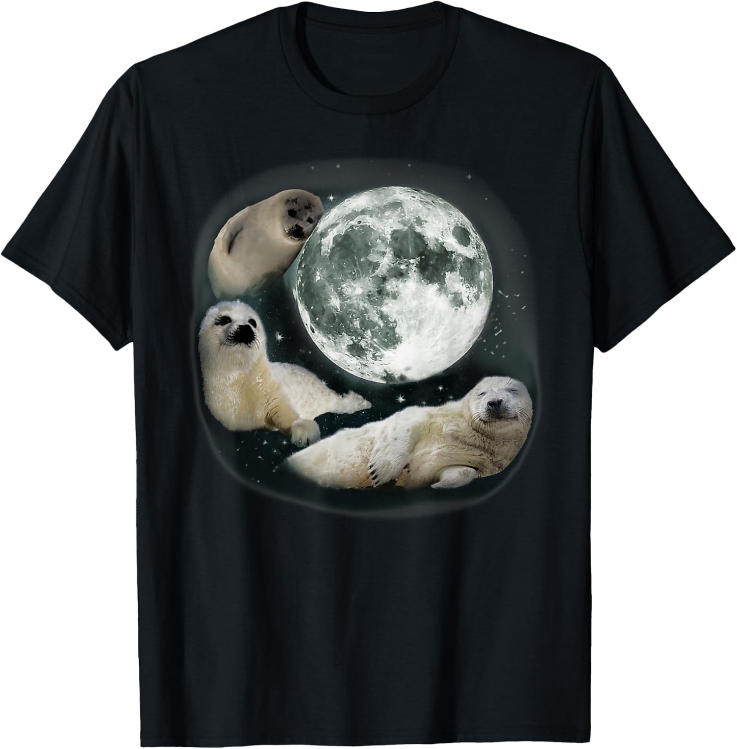Three Sea Dog Howling At Moon Cute Sea Dog Ocean Animal T-Shirt - T-Shirt | Black