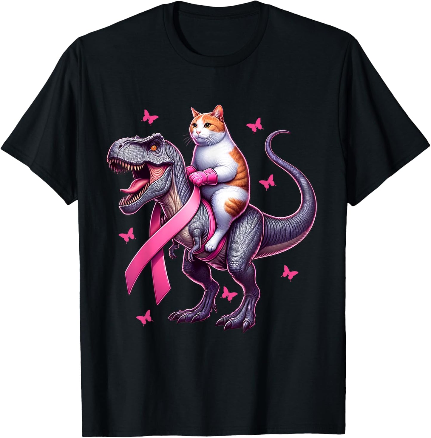 Cat Riding T Rex Dinosaur. Breast Cancer Awareness Women Kids T-Shirt - T-Shirt | Black