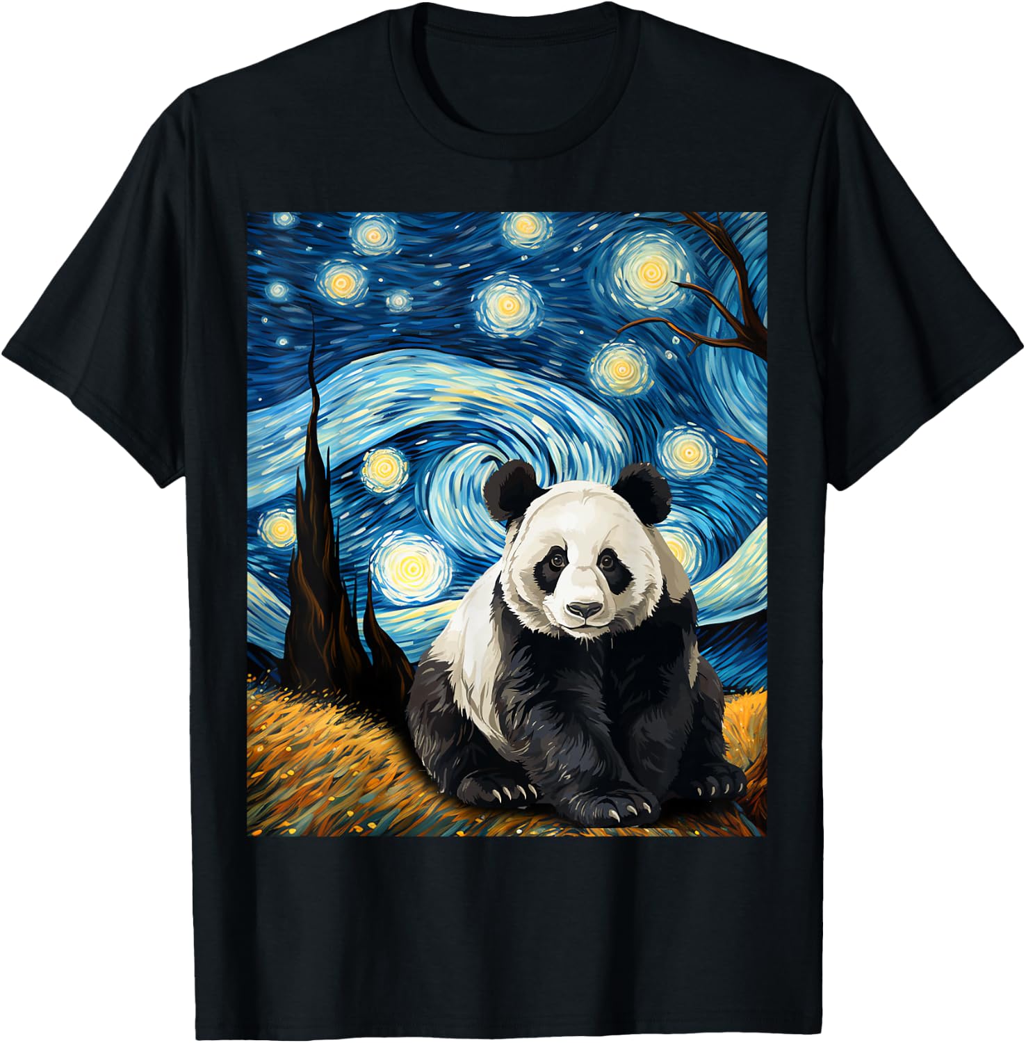 Panda Starry Night Men Kids Kawaii Van Gogh Graphic Apparel T-Shirt - T-Shirt | Black