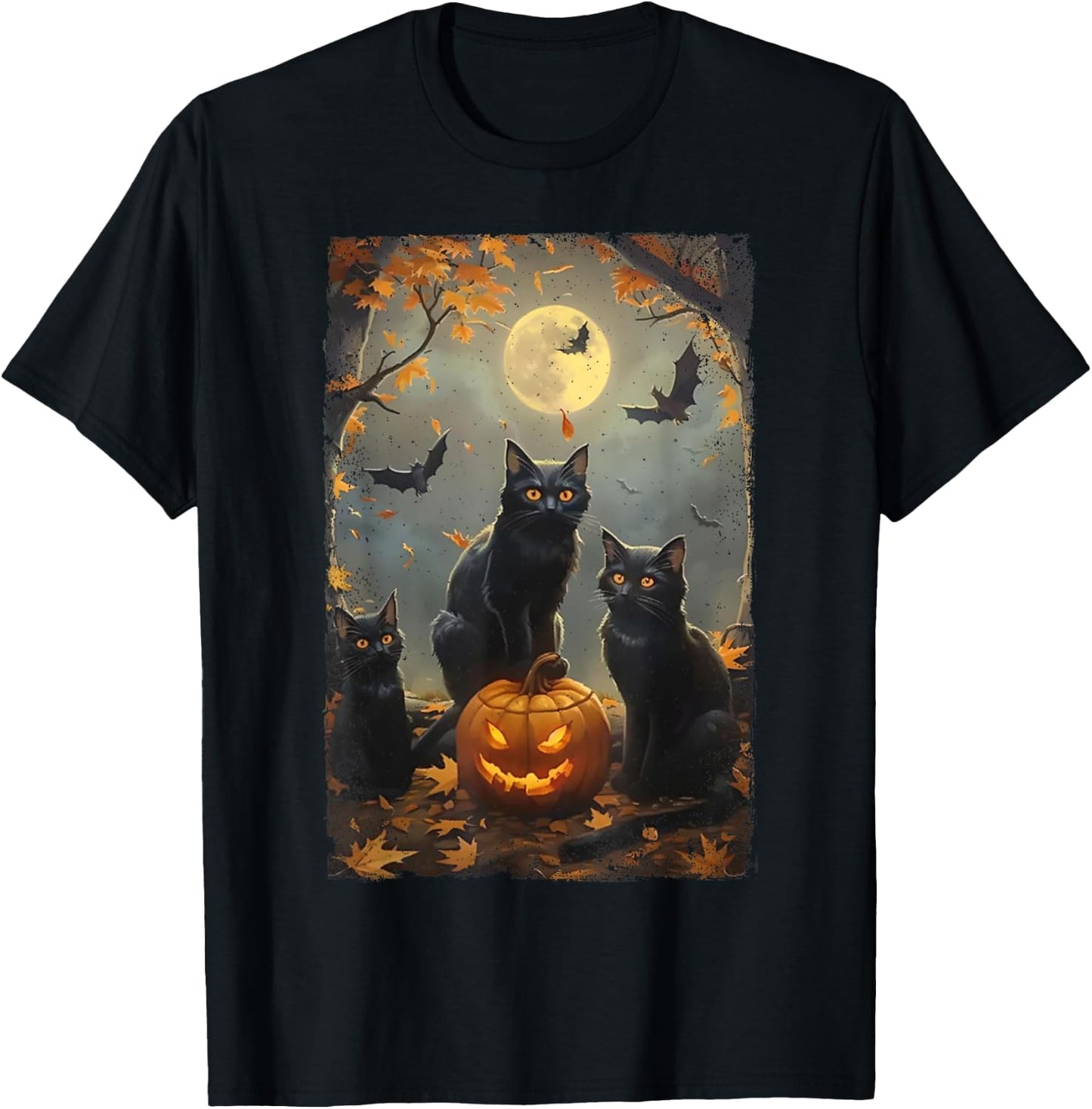 Vintage Three Black Cats Halloween Pumpkin Costume Cat Lover Women Kids T-Shirt - T-Shirt | Black
