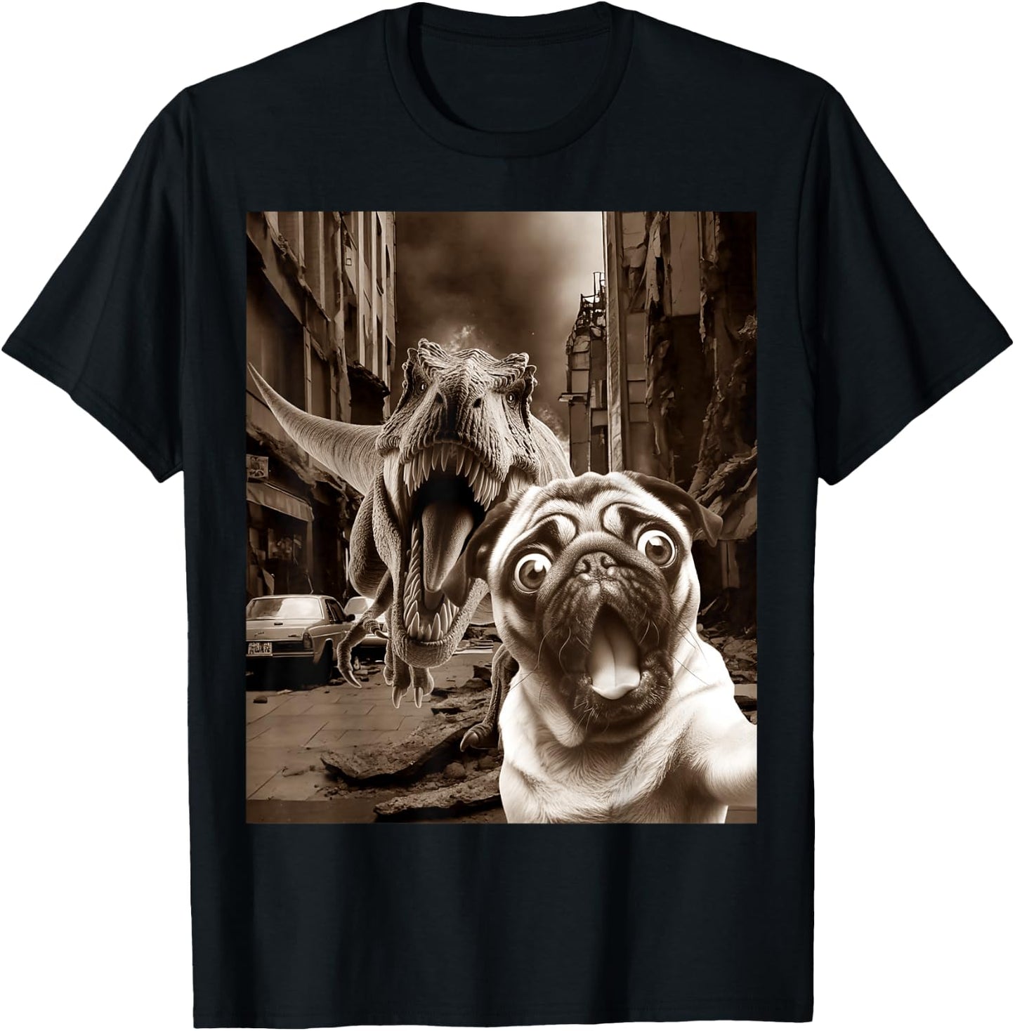 Funny Pug Selfie With T-rex Tyrannosaurus Dog Dinosaur T-Shirt - T-Shirt | Black