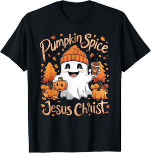 Pumpkin spice & Jesus Christ ghost pumpkin spice Halloween T-Shirt - T-Shirt | Black
