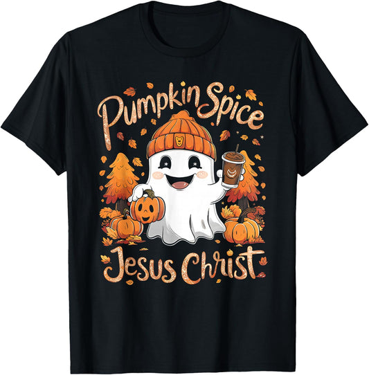 Pumpkin spice & Jesus Christ ghost pumpkin spice Halloween T-Shirt - T-Shirt | Black