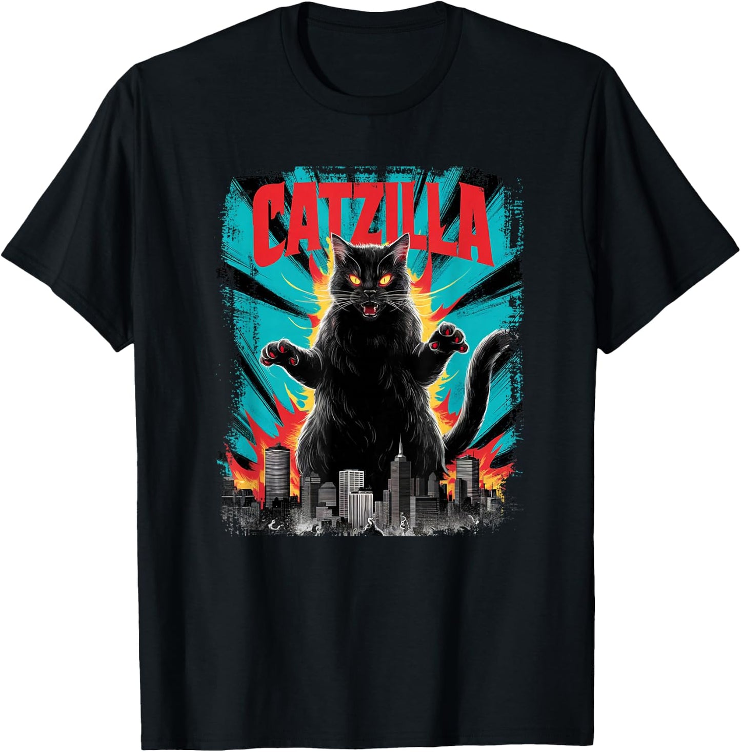 Catzilla Funny Cat Graphic Japanese Cityscape T-Shirt - T-Shirt | Black