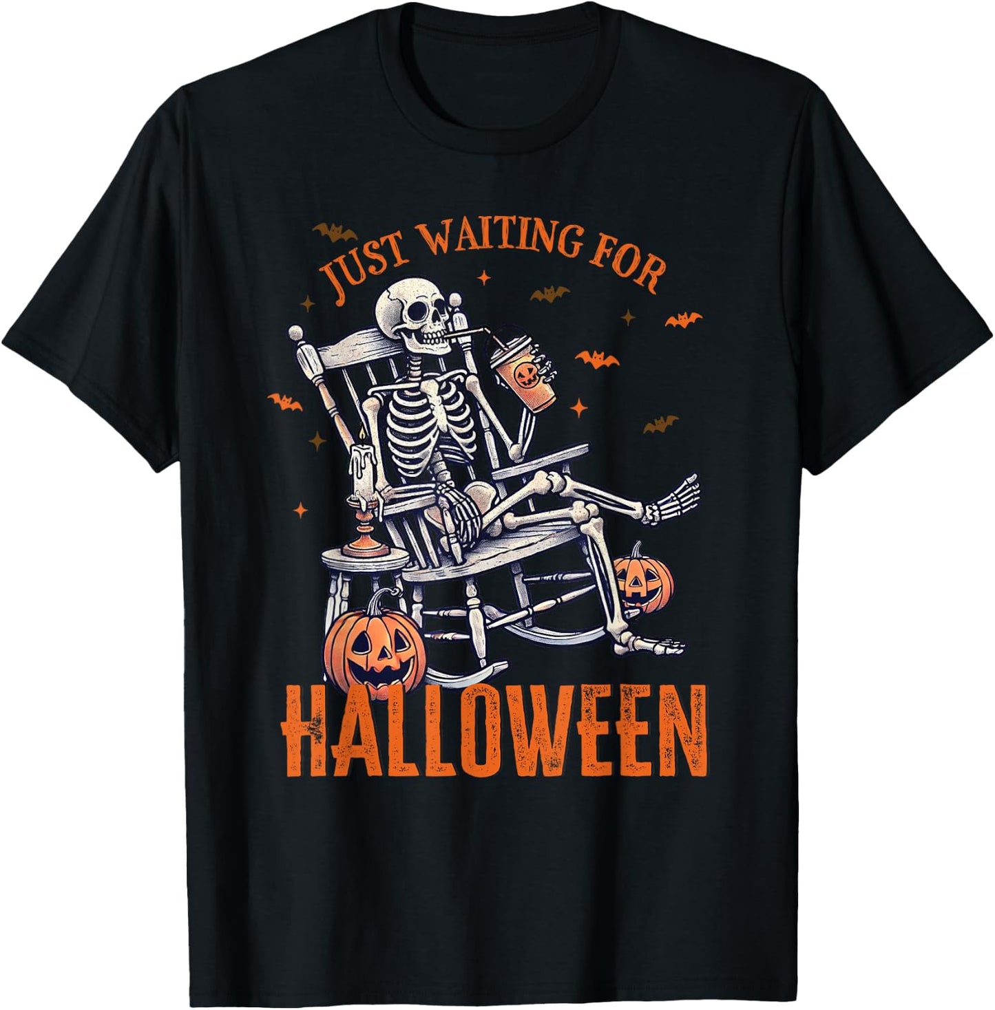Funny Just Waiting For Halloween Skeleton Spooky Vibe Summer Men Women T-Shirt - T-Shirt | Black