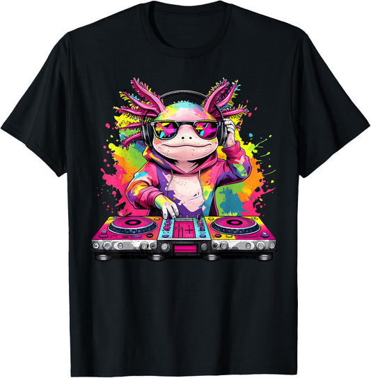 Kids Dj Axolotl Music Lover Rainbow DJ Dance Music Axolotl T-Shirt - T-Shirt | Black
