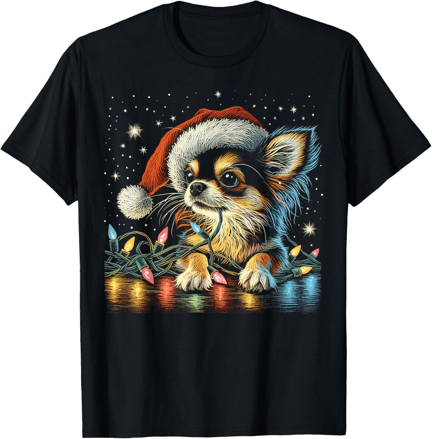 Long haired Chihuahua Chew Christmas Light Cord Xmas Funny T-Shirt - T-Shirt | Black