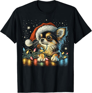 Long haired Chihuahua Chew Christmas Light Cord Xmas Funny T-Shirt - T-Shirt | Black