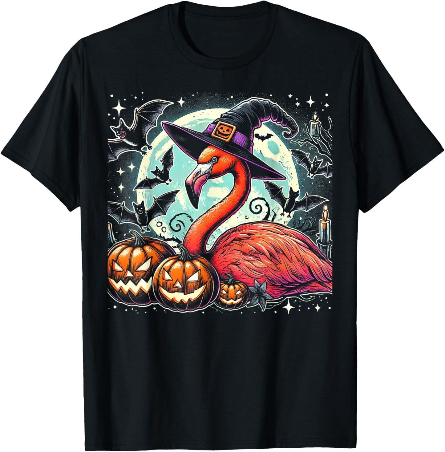 Flamingo Witch Halloween - Spooky Pumpkin Art T-Shirt - T-Shirt | Black
