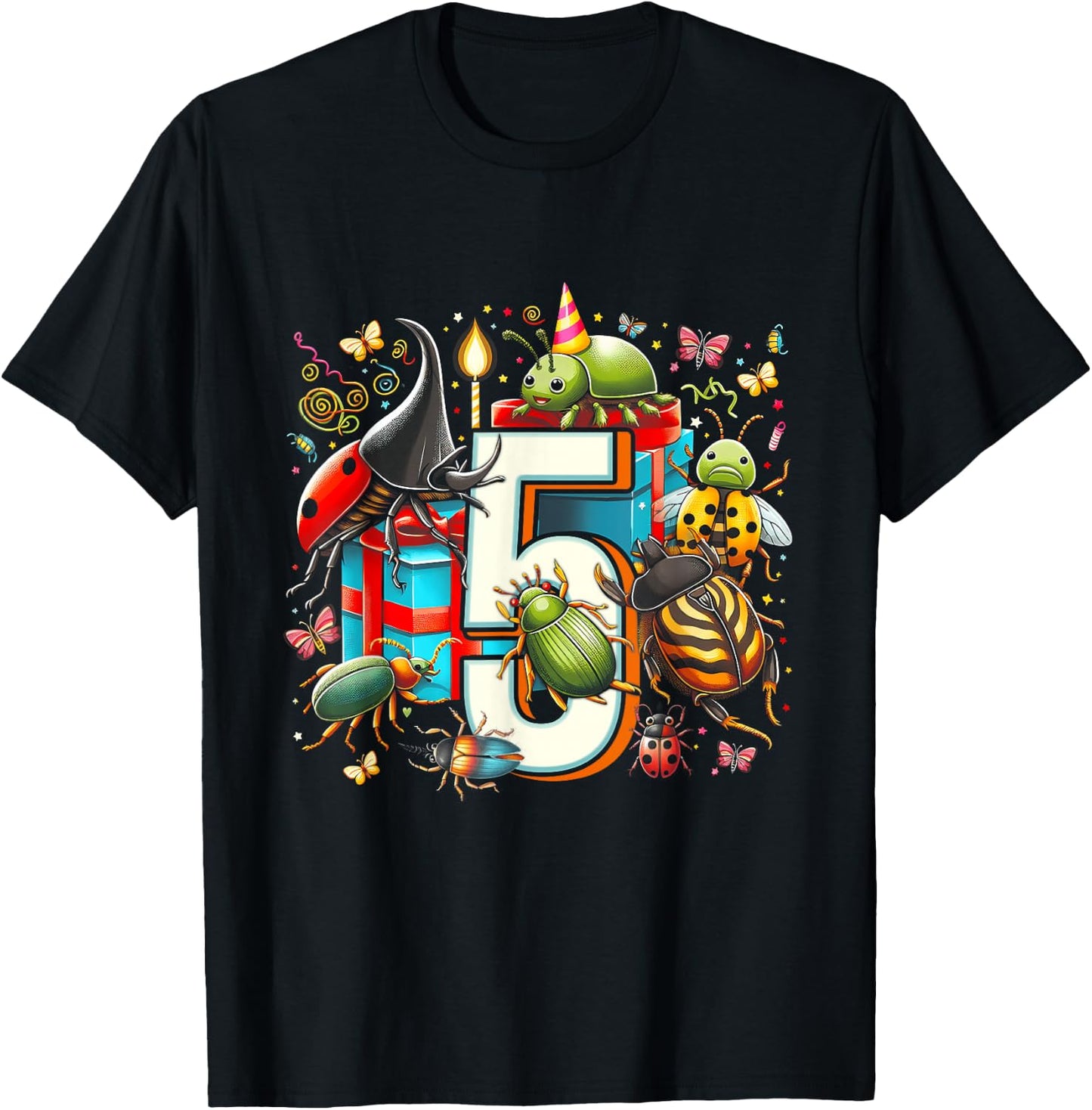 Kids 5th Birthday Bugs Insects Beetles Biology 5 Year Old T-Shirt - T-Shirt | Black