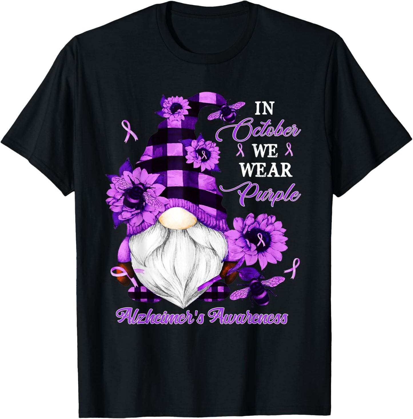 In October We Wear Purple Gnome Alzheimer's Awareness T-Shirt - T-Shirt | Black