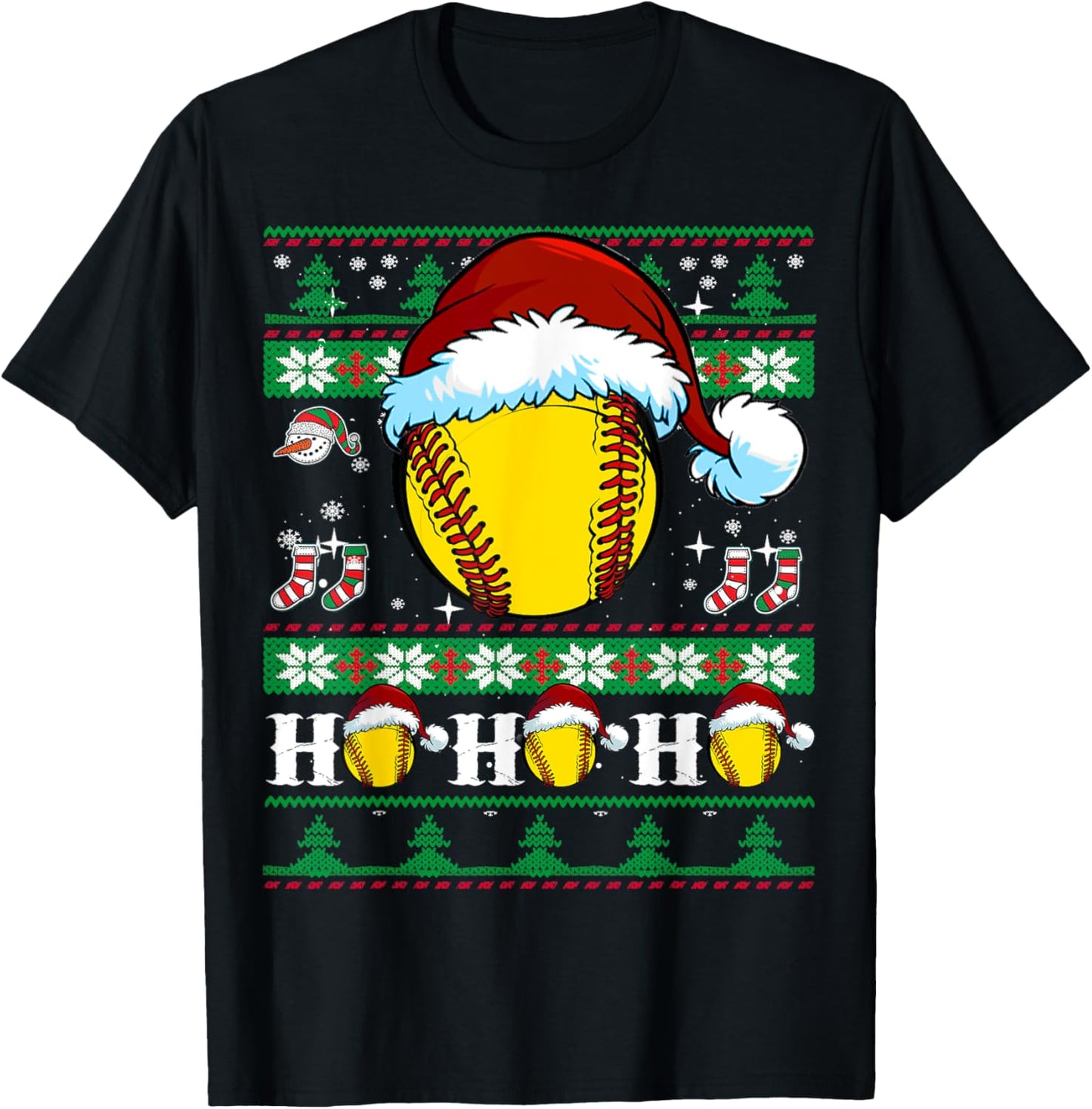 Ugly Christmas Softball Ho Ho Funny Xmas Sports Santa Hat T-Shirt - T-Shirt | Black