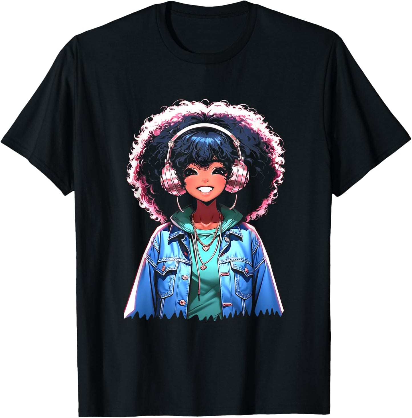 Anime and Music Black Girl Anime Merch Afro African American T-Shirt - T-Shirt | Black