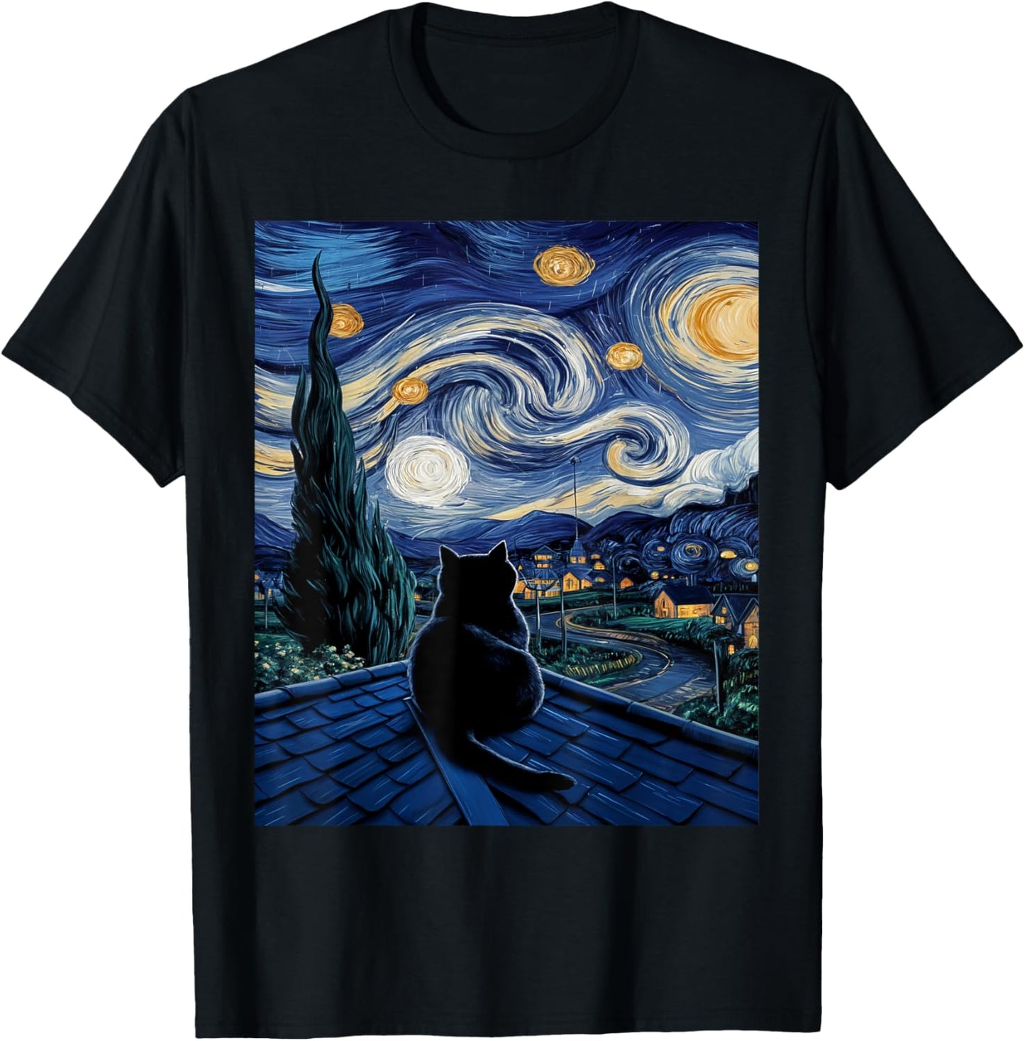 Cat Starry Night Van Gogh Cat For Cat Lover Cat Mom Cat Dad T-Shirt - T-Shirt | Black