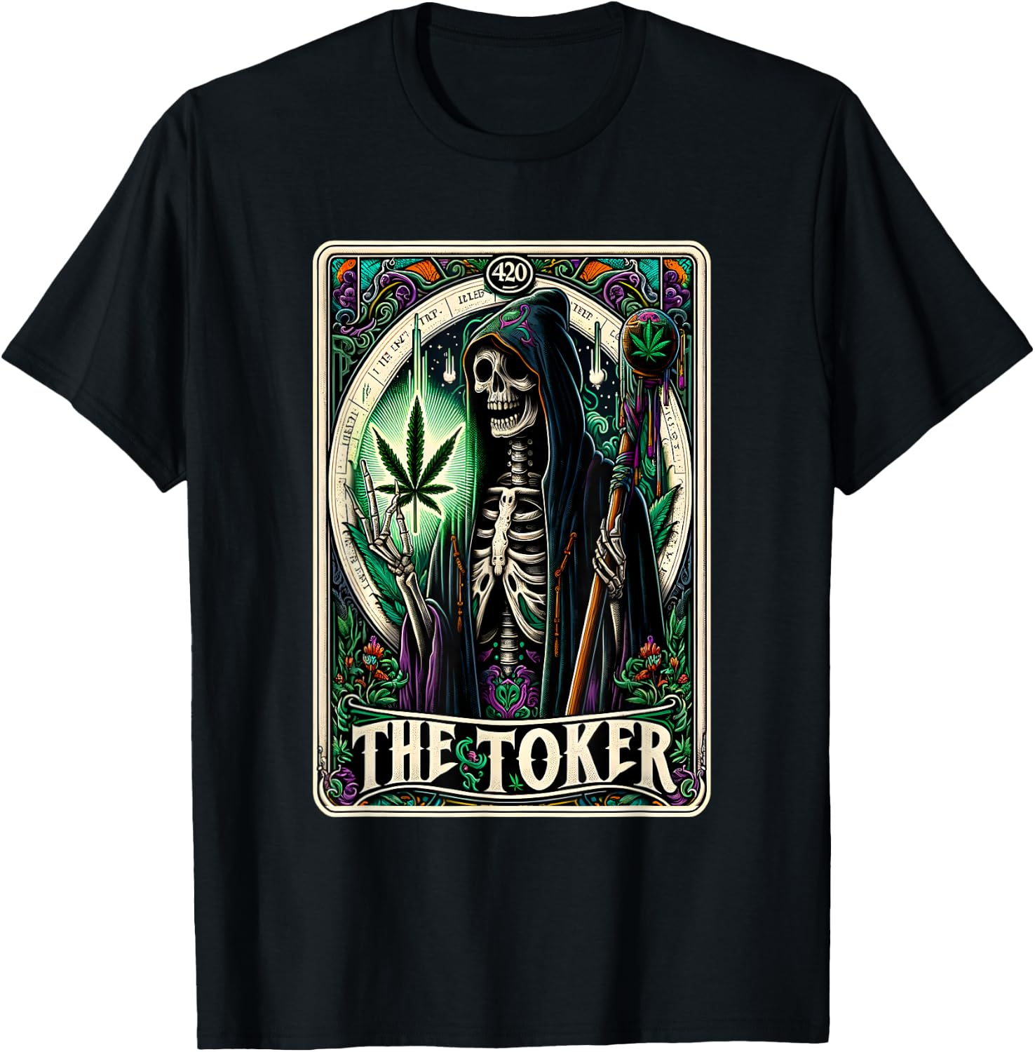 Tarot Card The Toker 420 Cannabis Skeleton Stoner Weed Goth T-Shirt - T-Shirt | Black