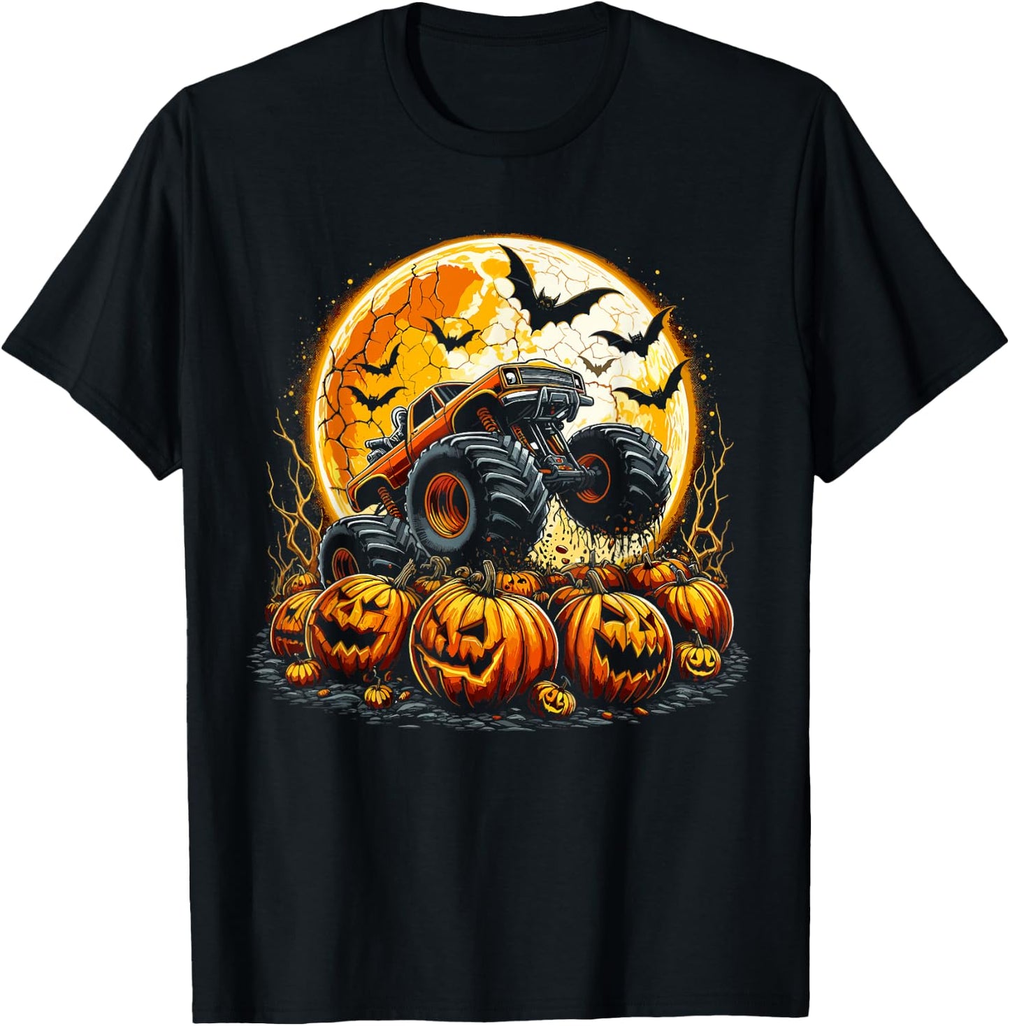 Monster Truck Halloween Jack O Lantern Pumpkin Moon T-Shirt - T-Shirt | Black