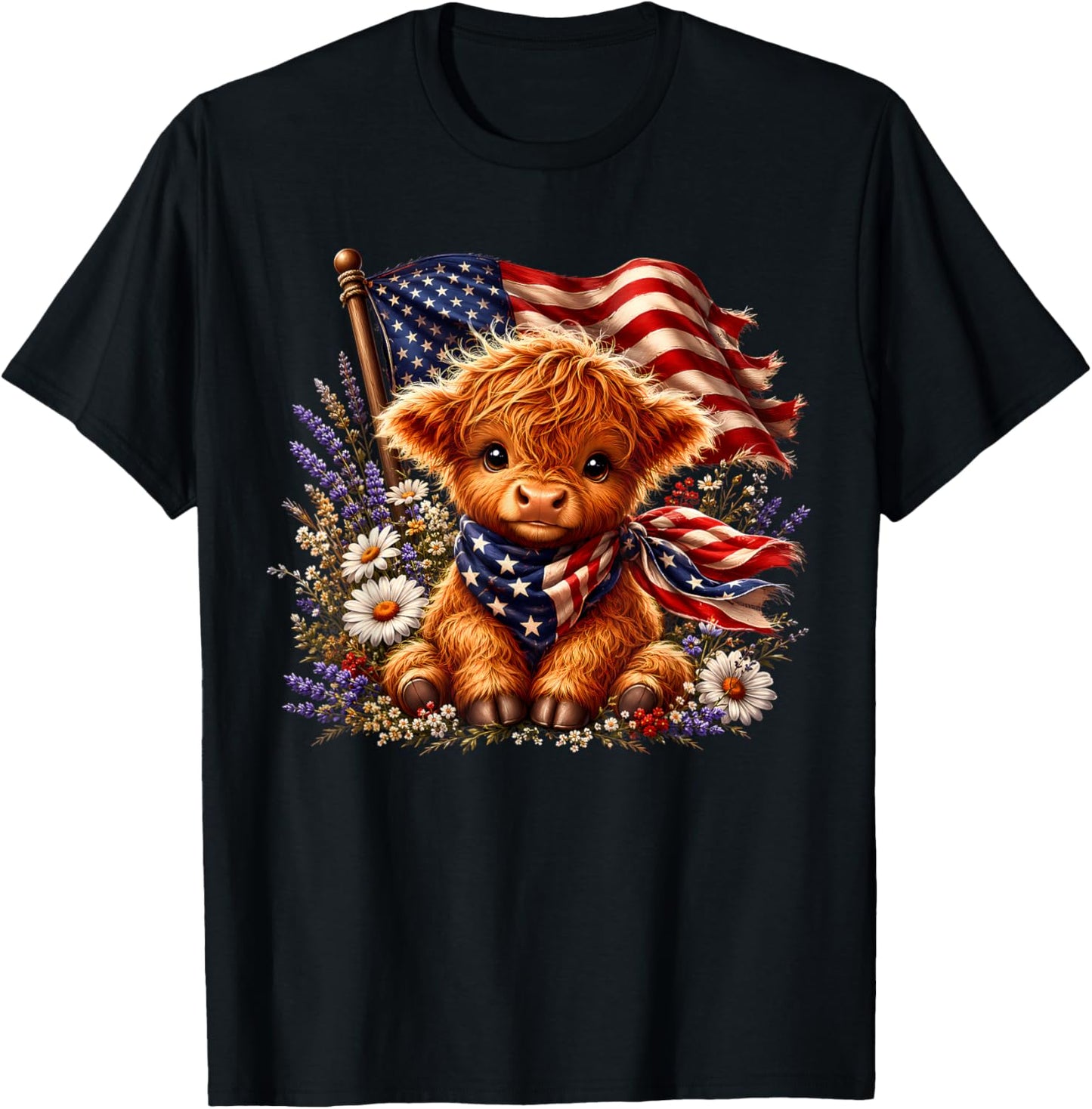 Highland Cow Florals 4th of July American USA Flag Patriotic T-Shirt - T-Shirt | Black