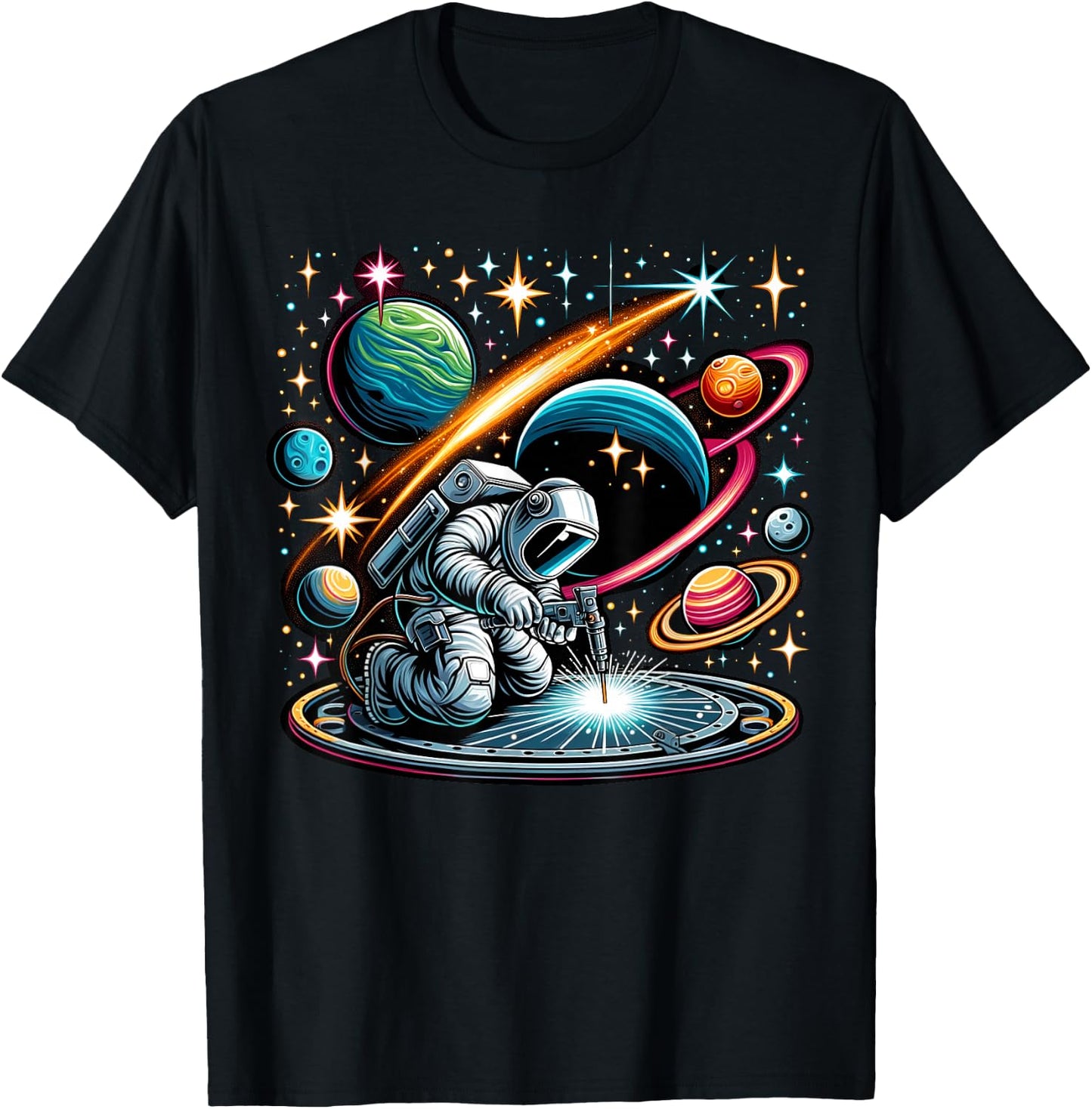 Welder Astronaut Welding metal pieces together T-Shirt - T-Shirt | Black