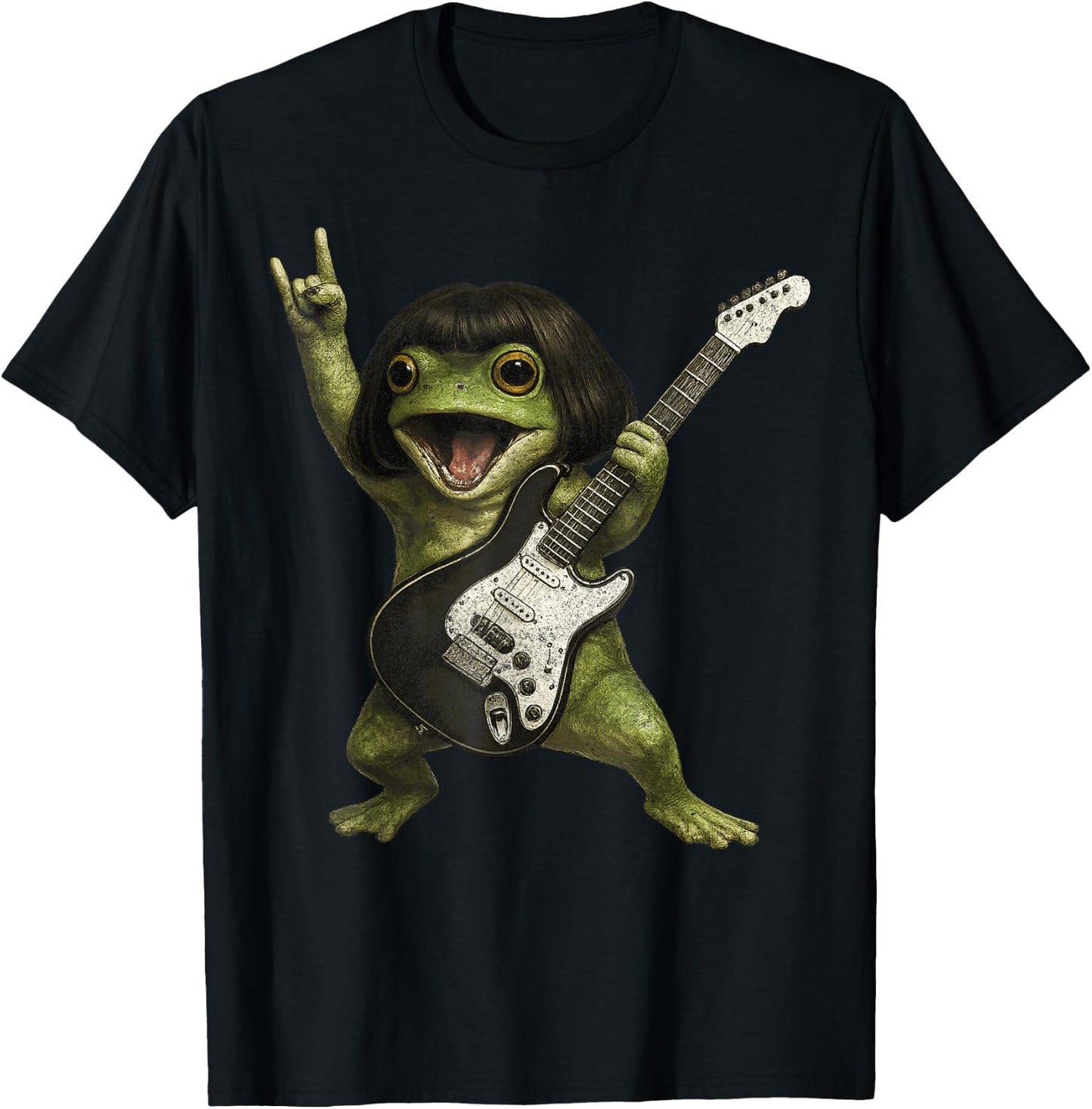 Funny Bob Haircut Frog Playing Guitar Rock and Roll Meme T-Shirt - T-Shirt | Black