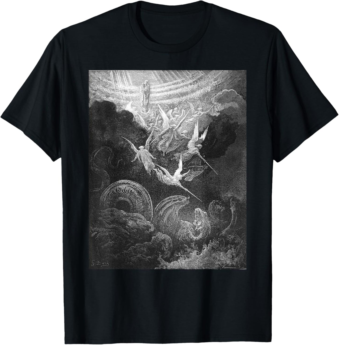 Gustave Dore Archangel Michael and Angels Fighting Dragon T-Shirt - T-Shirt | Black