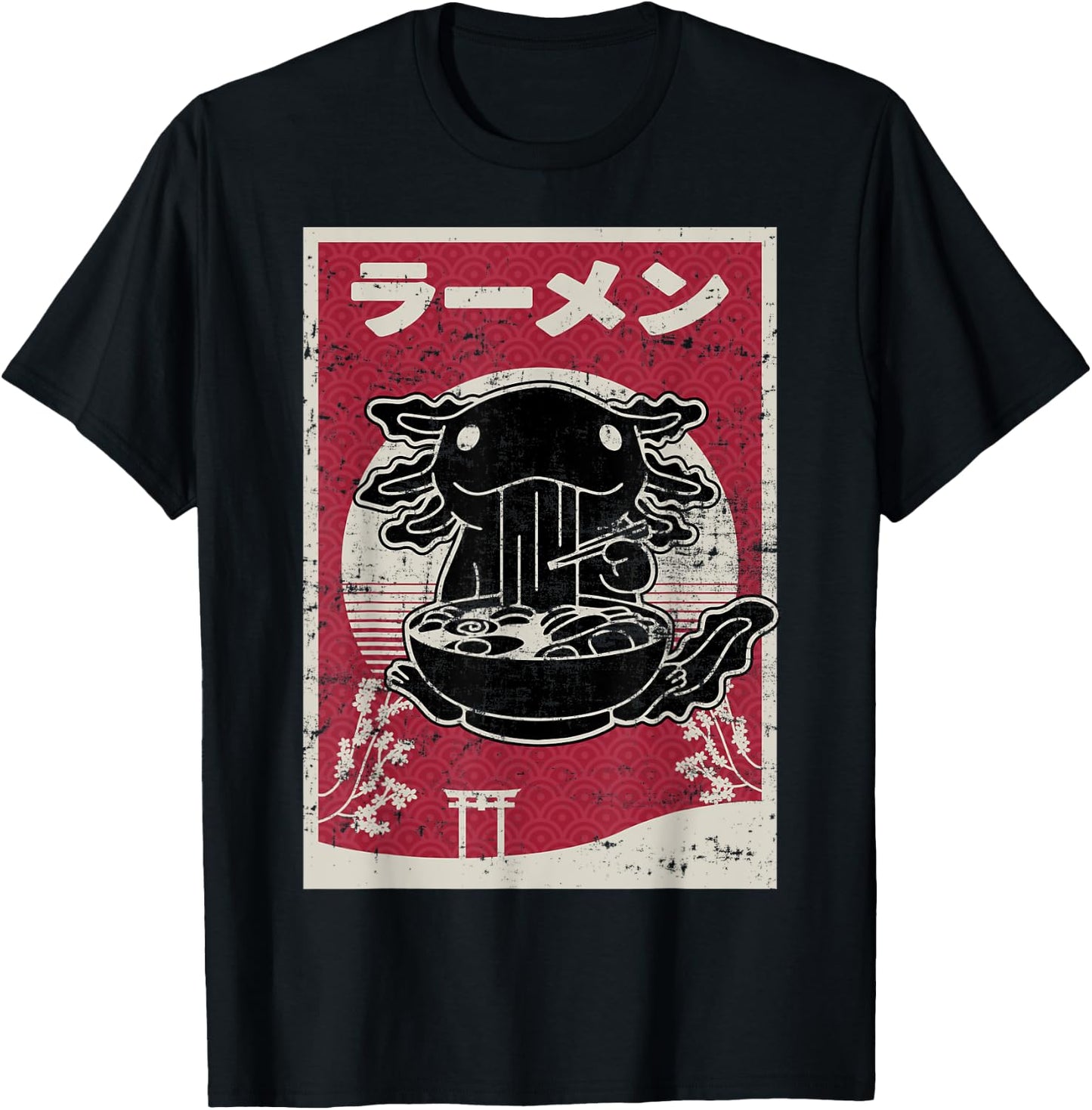 Kawaii Axolotl Ramen Japanese Woodblock Art Anime Boys Teens T-Shirt - T-Shirt | Black