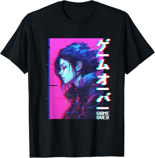Sad Japanese Anime Girl Game Over Vaporwave Aesthetic T-Shirt - T-Shirt | Black