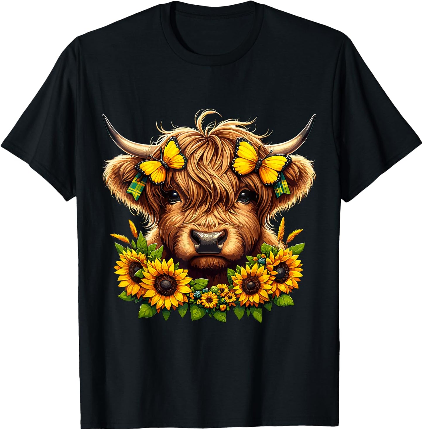 Highland Cow Sunflowers and Butterflies Highland Cattle T-Shirt - T-Shirt | Black