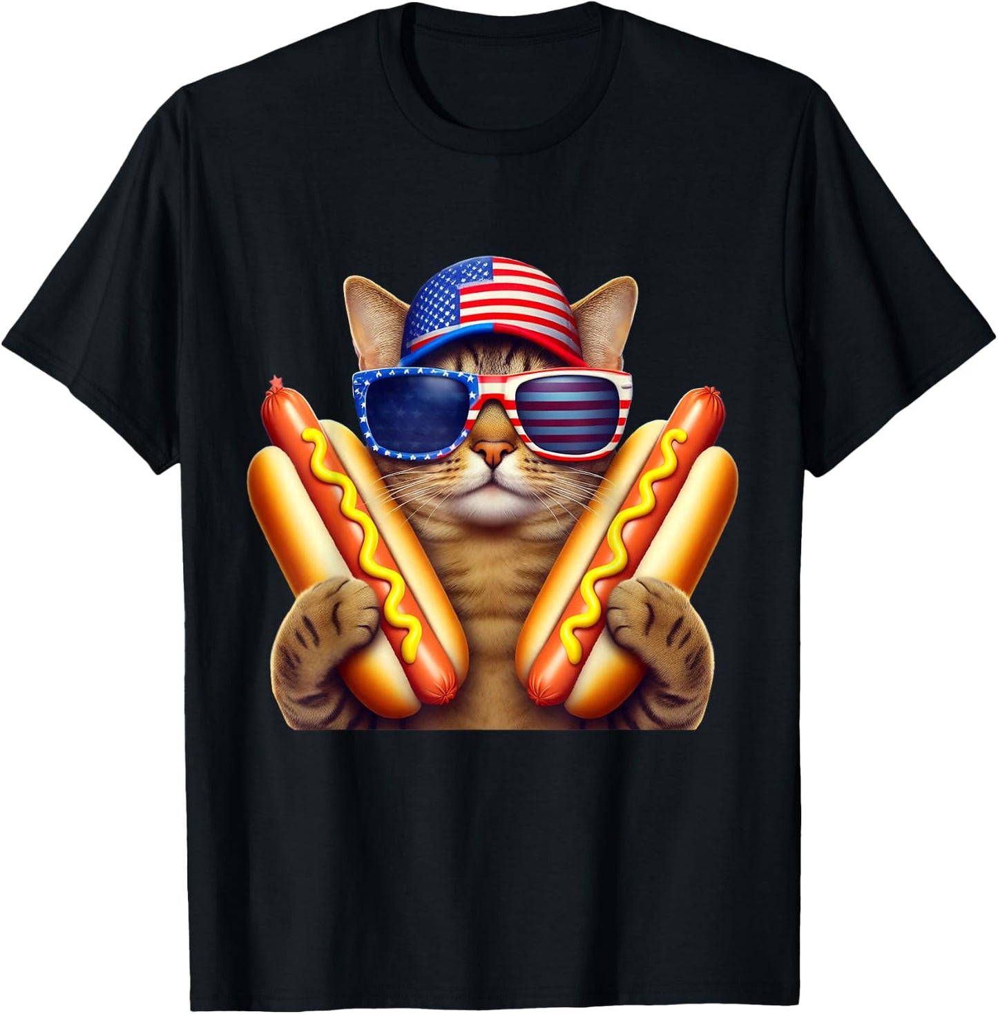 4th of July Hotdog Cat Funny Patriotic Cat USA Flag Wiener T-Shirt - T-Shirt | Black
