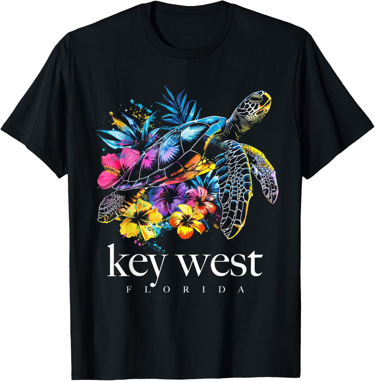 Key West Beach Florida Turtle Flowers Surfer Souvenir T-Shirt - T-Shirt | Black