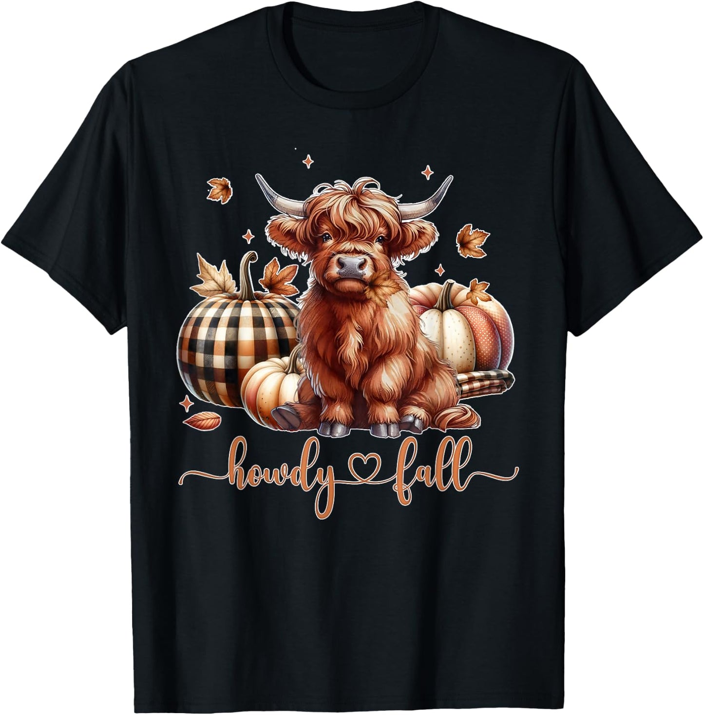 Howdy Fall Western Farm Country Highland Cow Autumn Pumpkin T-Shirt - T-Shirt | Black